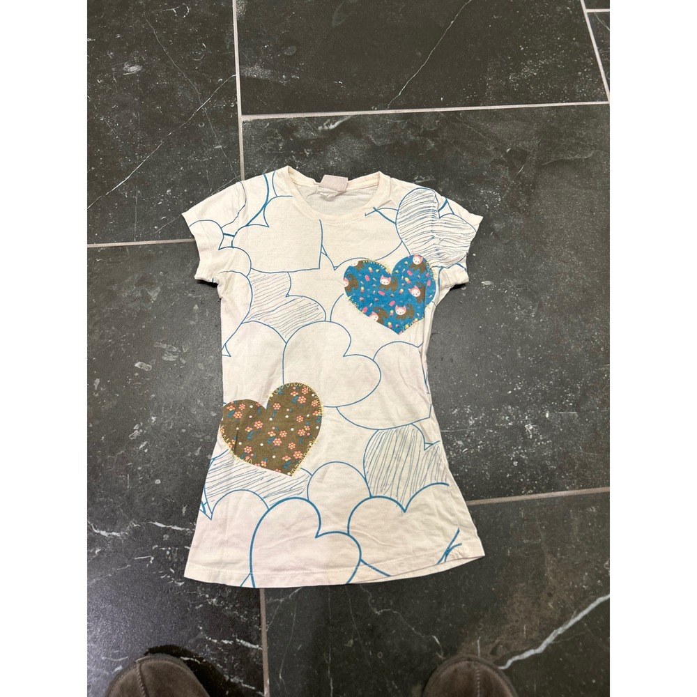 Hybrid Tees Women Cream Blue Heart Graphic Patch Baby Tee Y2K Small Short Sleeve